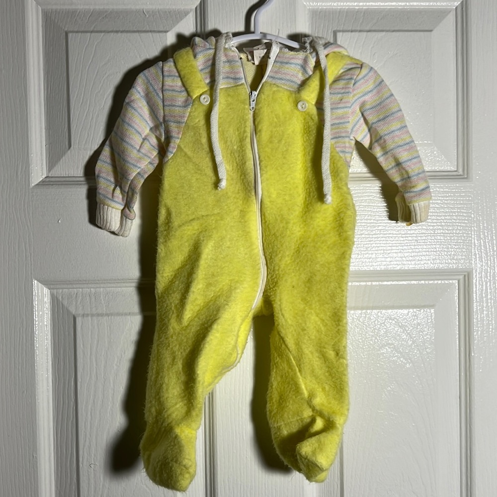 Tiny Tots - vintage yellow footie outfit with striped sleeves